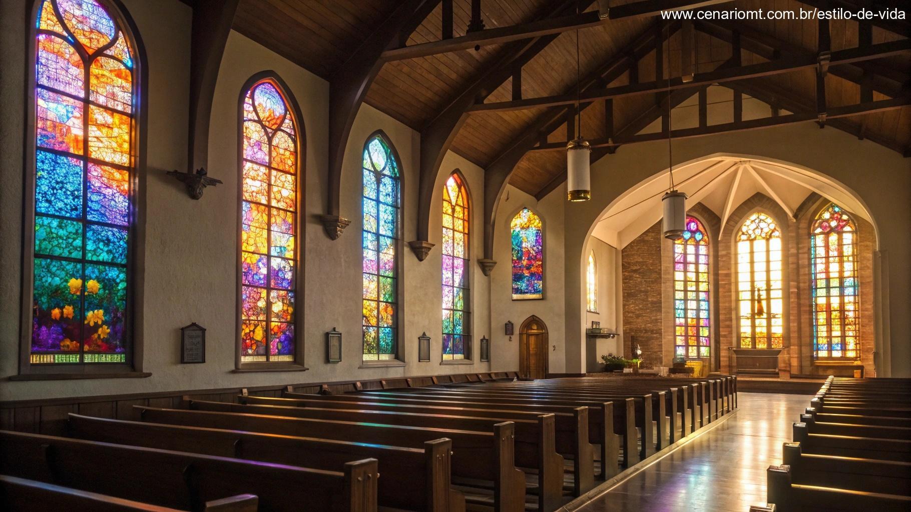 Igreja vazia com vitrais coloridos iluminando o interior, simbolizando a liturgia do dia.