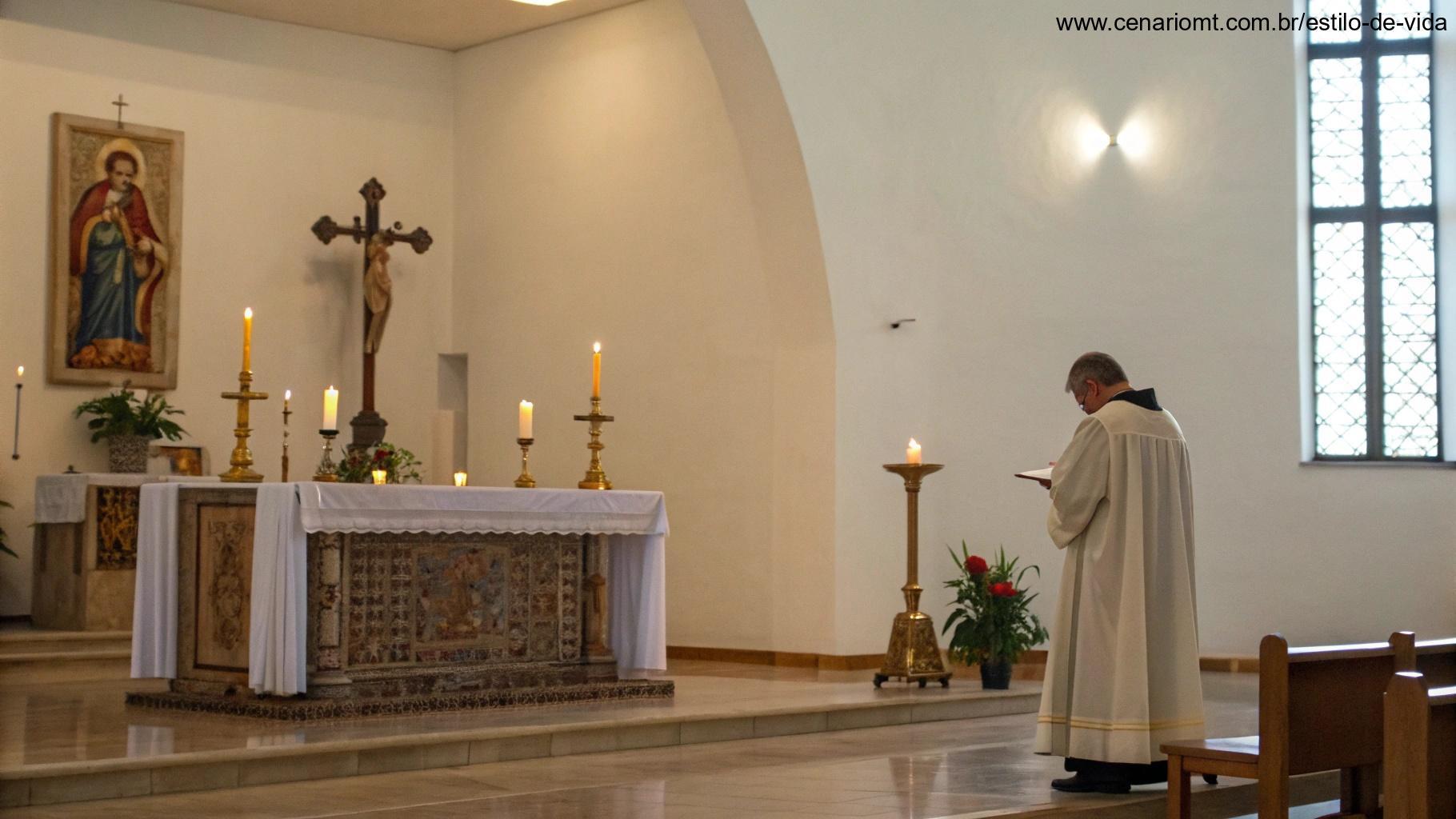 Interior simples de uma igreja com um padre conduzindo a liturgia, com foco no altar e uma sensação de calma e reverência, simbolizando a liturgia de hoje.
