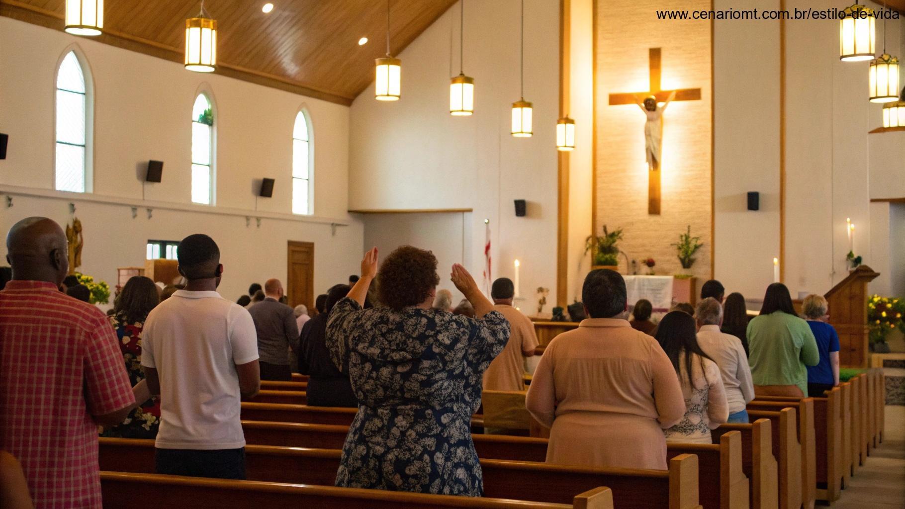 Um serviço religioso em andamento, com pessoas reunidas em oração, celebrando a liturgia diária de 08 de março de 2025.