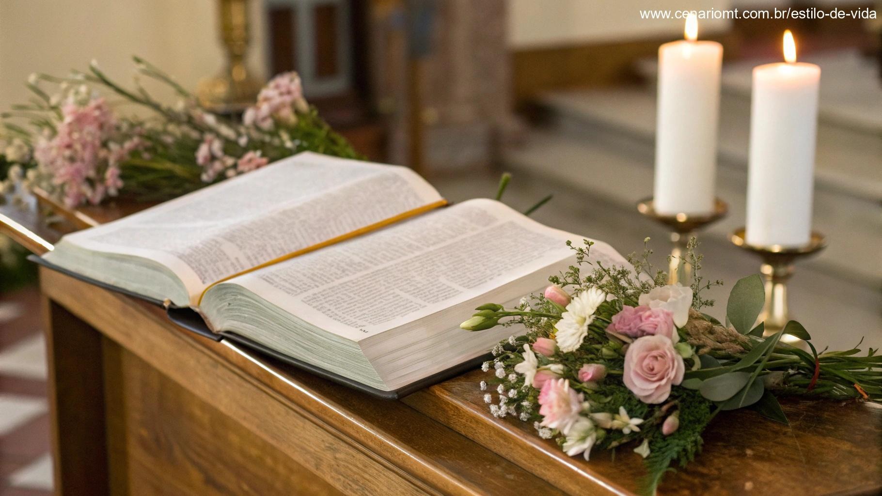 Close-up de uma Bíblia aberta sobre um altar de madeira, com flores e velas, simbolizando a Liturgia do Dia 08 de março de 2025.