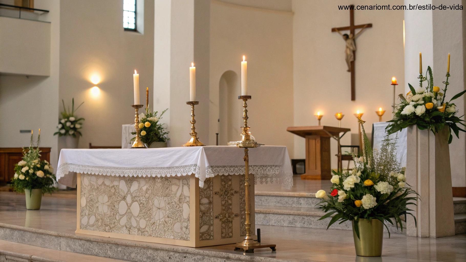Altar preparado para a Missa, com velas acesas e flores, criando um ambiente sereno e reverente.