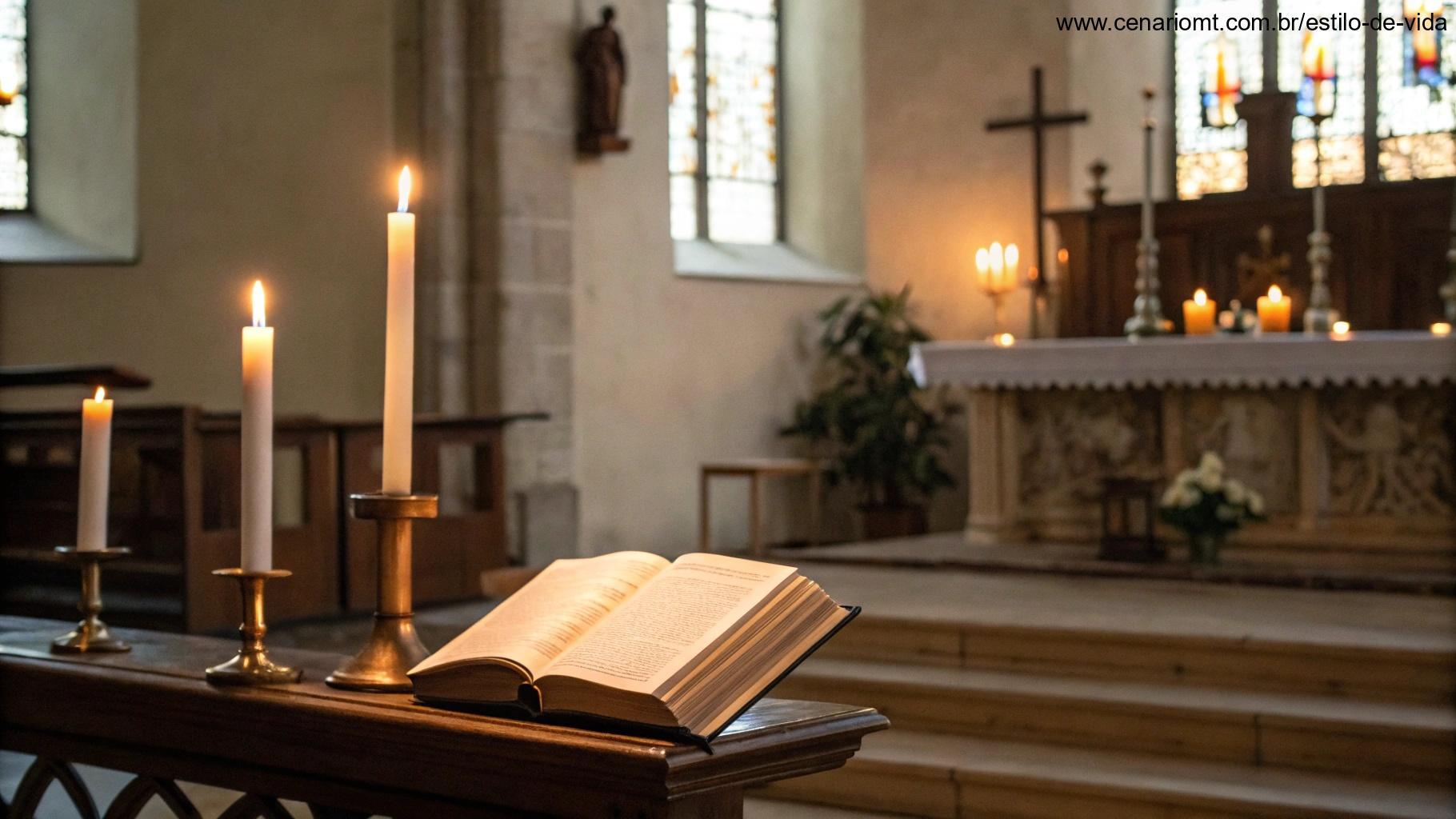 Cena tranquila de um altar de igreja com velas acesas e uma Bíblia aberta, simbolizando a liturgia e o salmo do dia.