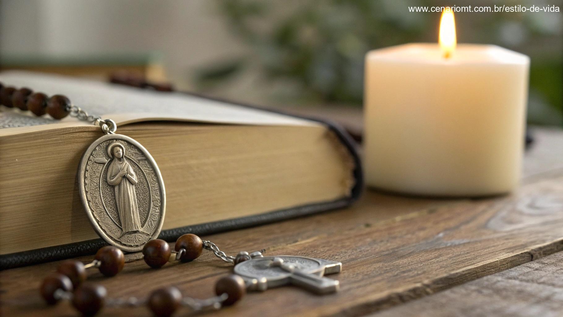 Imagem em close-up do Medalhão de São Bento em um altar com luz suave.