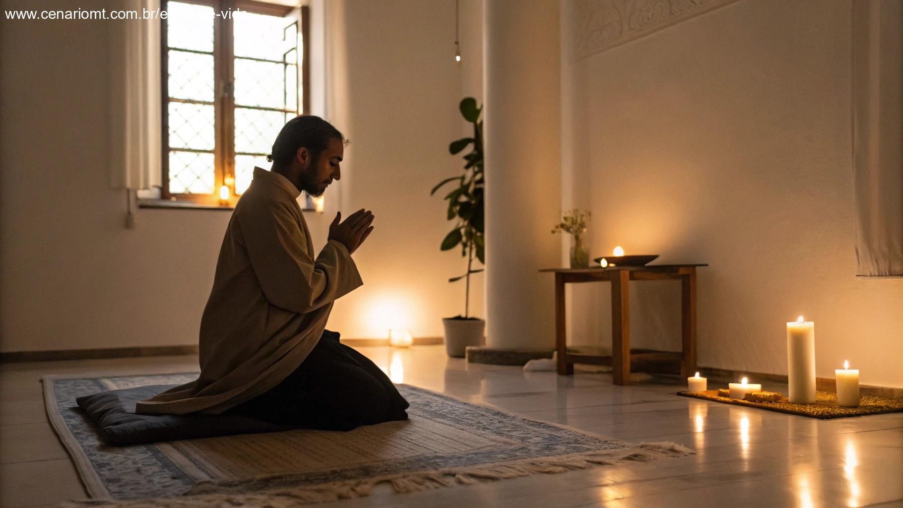 Cena tranquila de oração com luz suave de vela e ambiente sereno.