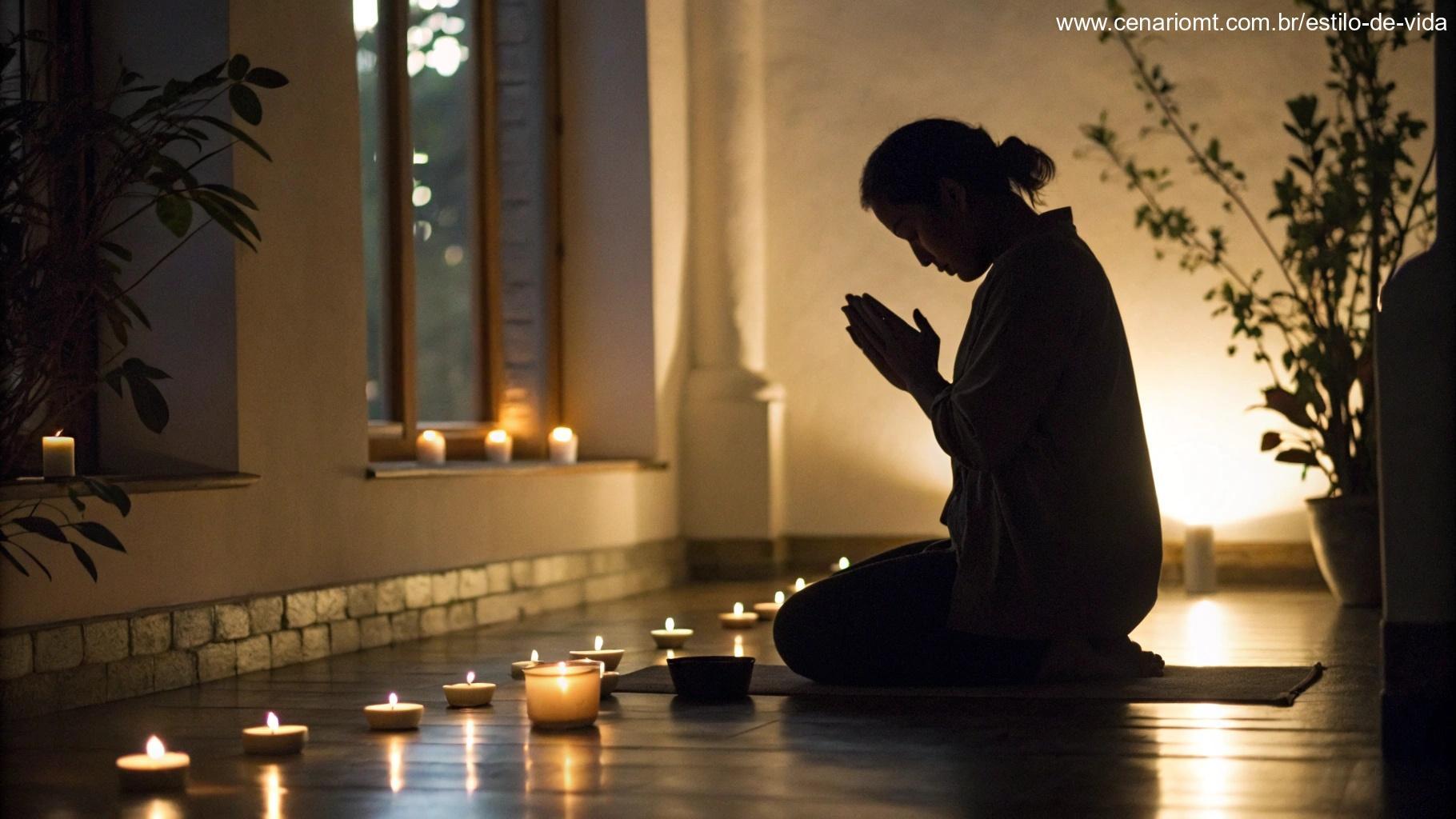 Imagem tranquila de uma pessoa orando em um ambiente silencioso e com pouca luz. Velas queimando suavemente ao redor, criando uma atmosfera sagrada e íntima, convidando à oração e à conexão com Deus.