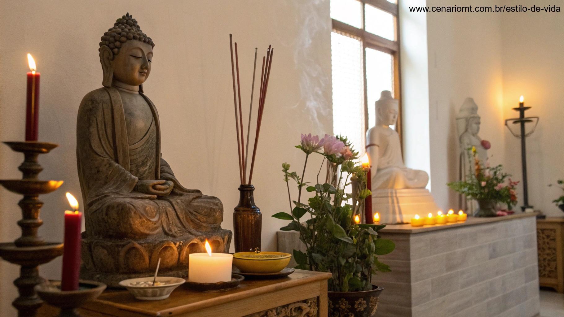 Ambiente calmo e orante, simbolizando a oração do dia com luz suave e símbolos de espiritualidade, devoção e serenidade.