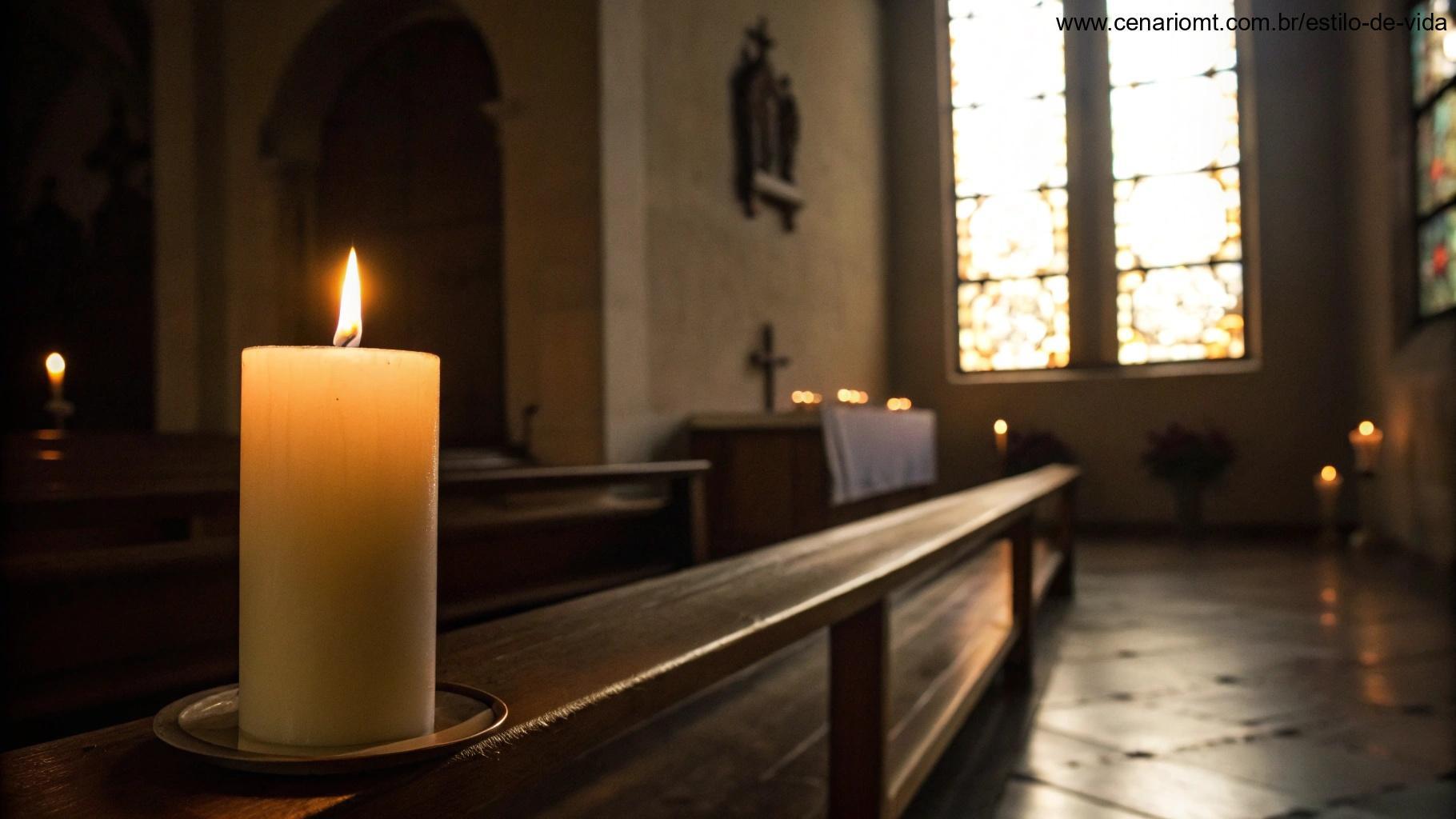 Imagem de uma cena tranquila de oração com vela e luz suave, evocando um momento de oração no domingo.