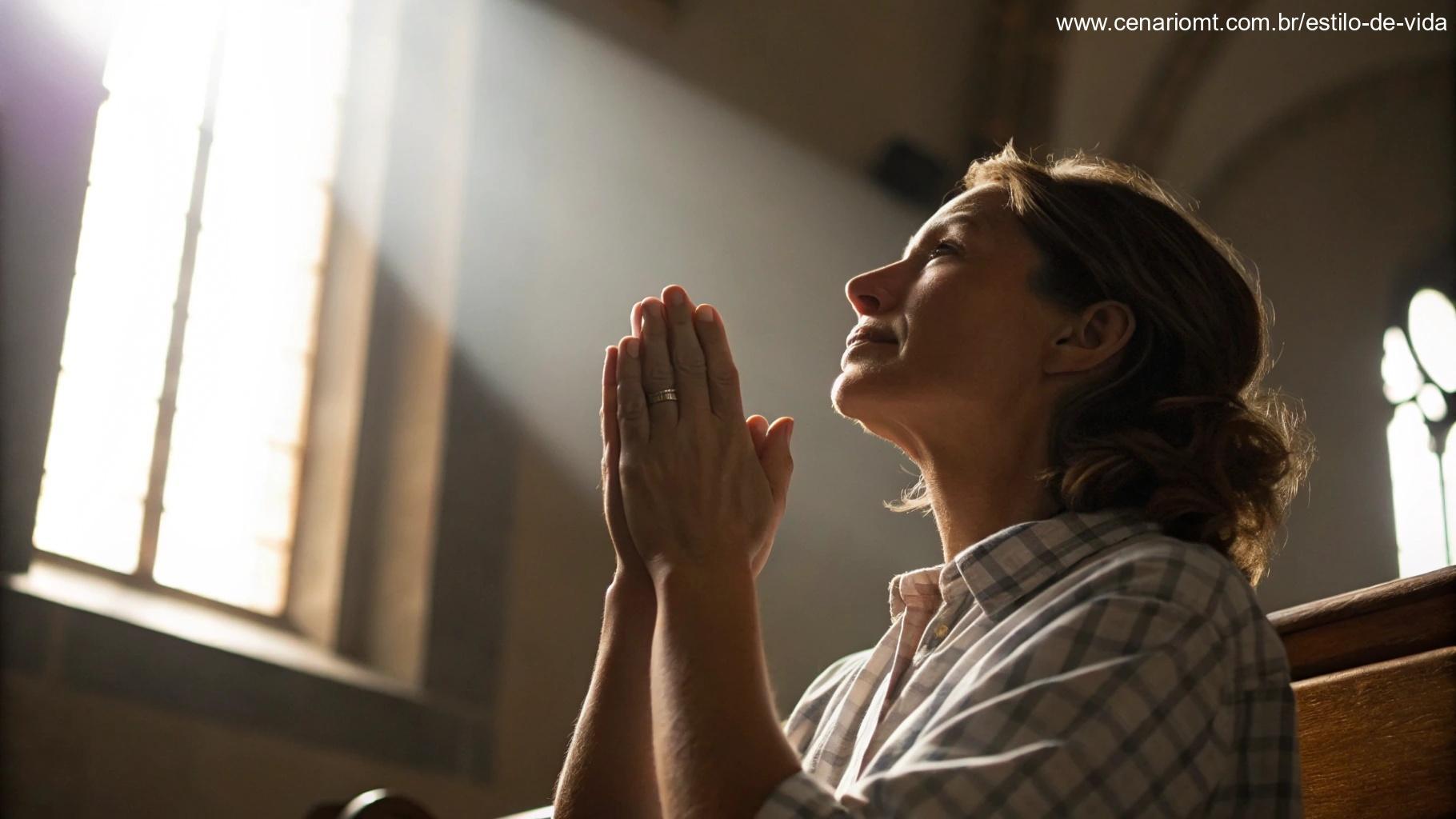 Imagem pacífica de mãos unidas em oração com luz suave vindo de cima