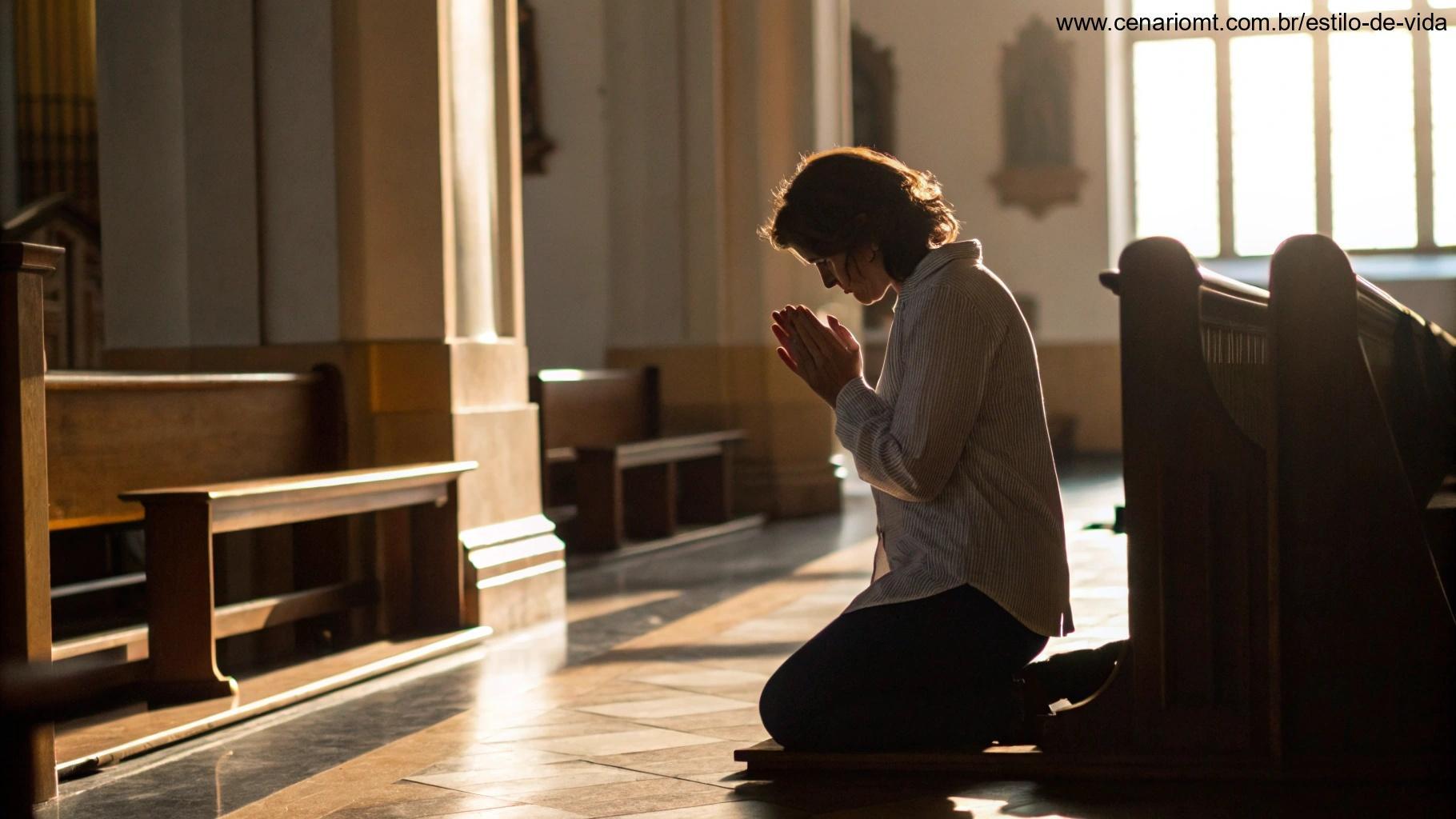 Pessoa ajoelhada em oração dentro de uma igreja suavemente iluminada, com as mãos unidas em devoção.