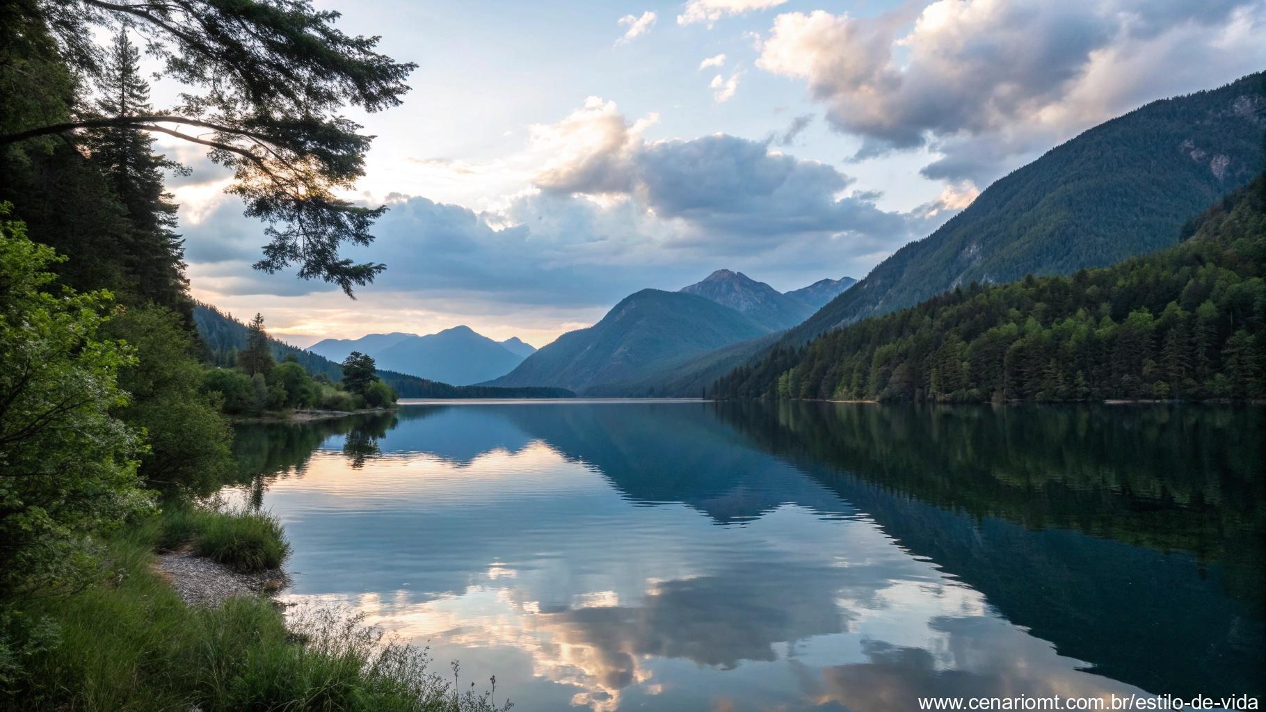 Lago tranquilo cercado por montanhas, com águas calmas refletindo o céu pacífico.