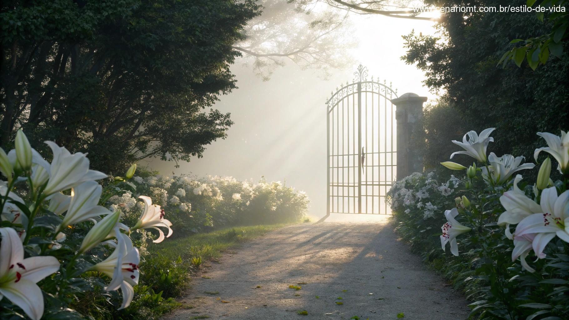 Portão celestial iluminado com caminho florido, simbolizando a promessa da vida eterna.