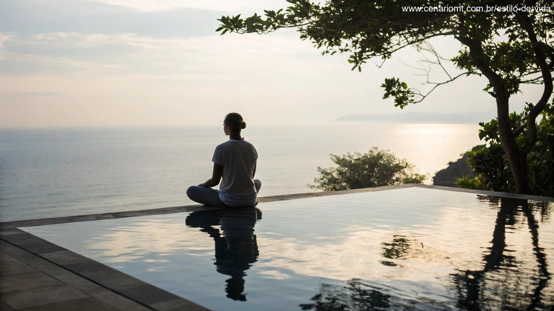 Imagem que simboliza a reflexão contínua, com uma pessoa meditando perto da água.
