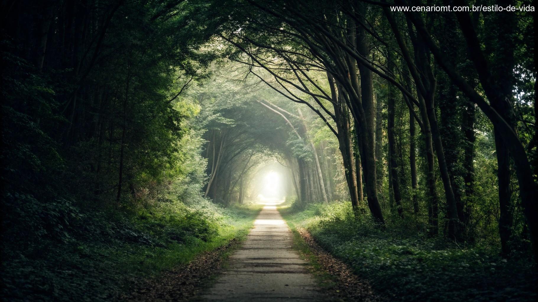 Caminho através de uma floresta iluminado por uma luz no final