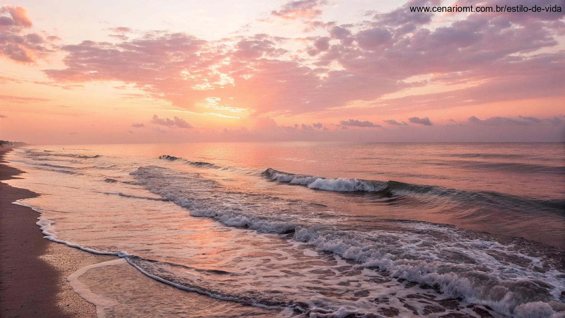 Cena acolhedora de um nascer do sol sobre um oceano calmo, com ondas tocando suavemente a costa.