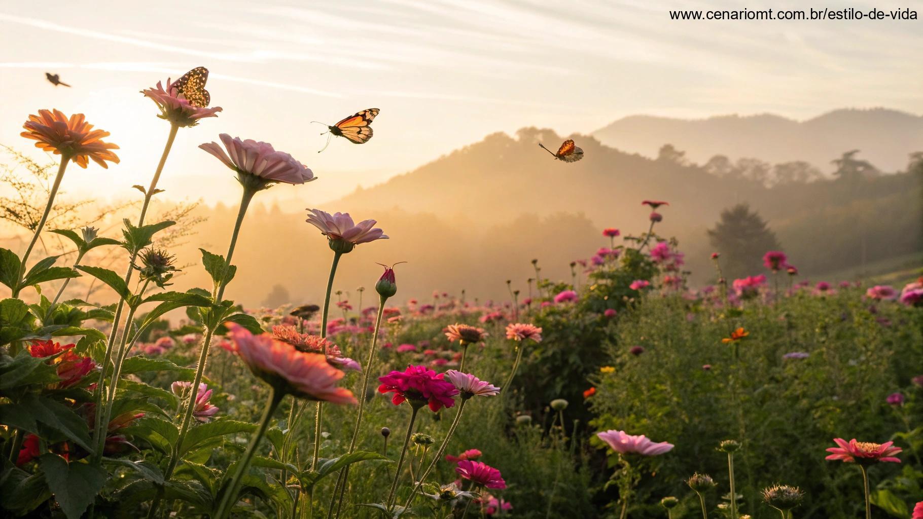 Cena encantadora de um jardim de flores ao amanhecer, com cores vibrantes de flores em plena floração, borboletas voando ao redor e luz suave iluminando as pétalas, criando uma sensação de paz e positividade.