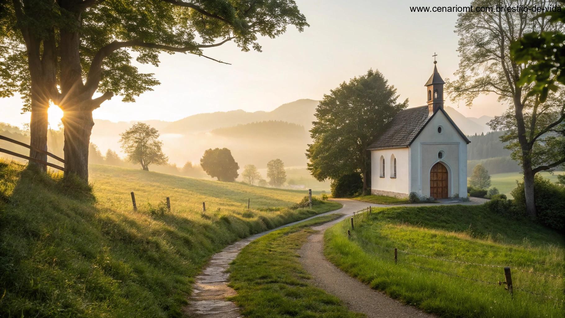 Paisagem campestre com sol suave, uma igreja pequena e caminho sinuoso.