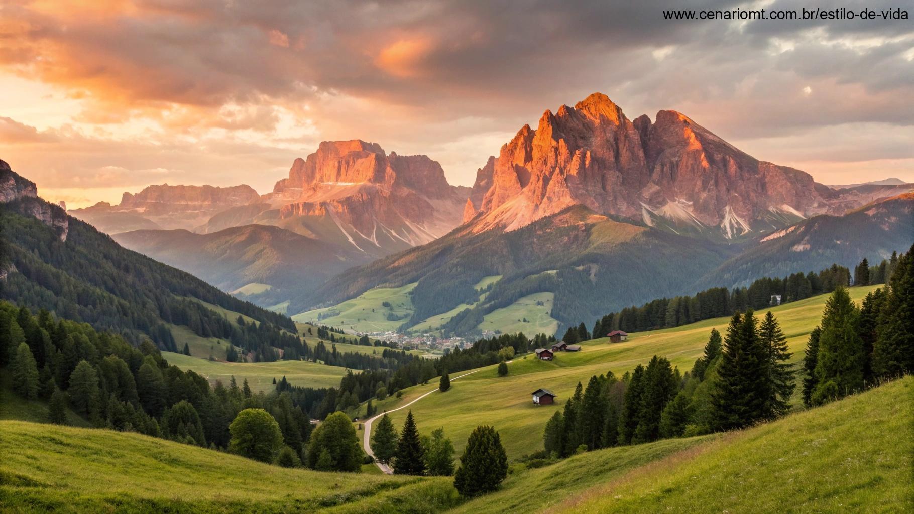 Vista serena das montanhas com luz suave do final da tarde iluminando os picos e campos verdes ao redor.