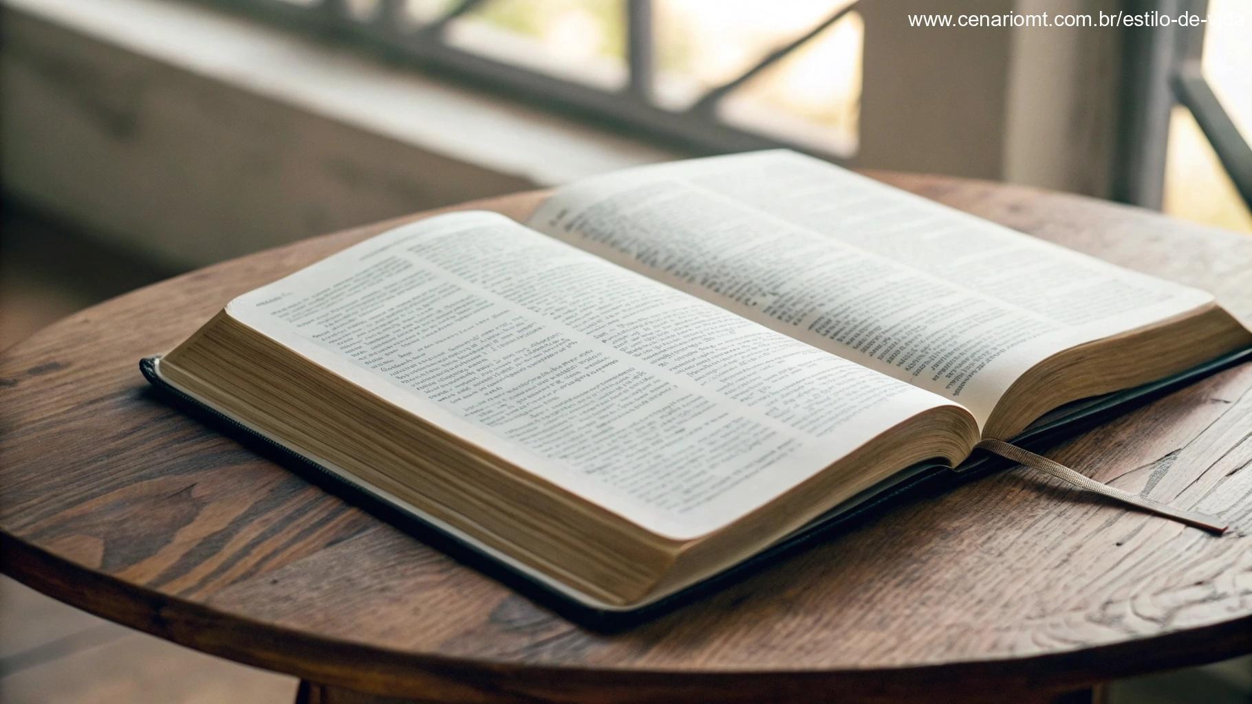 Um close de uma Bíblia aberta em uma página específica com versos sagrados, rodeada por luz suave. A cena representa a reflexão diária e a conexão constante com a liturgia.
