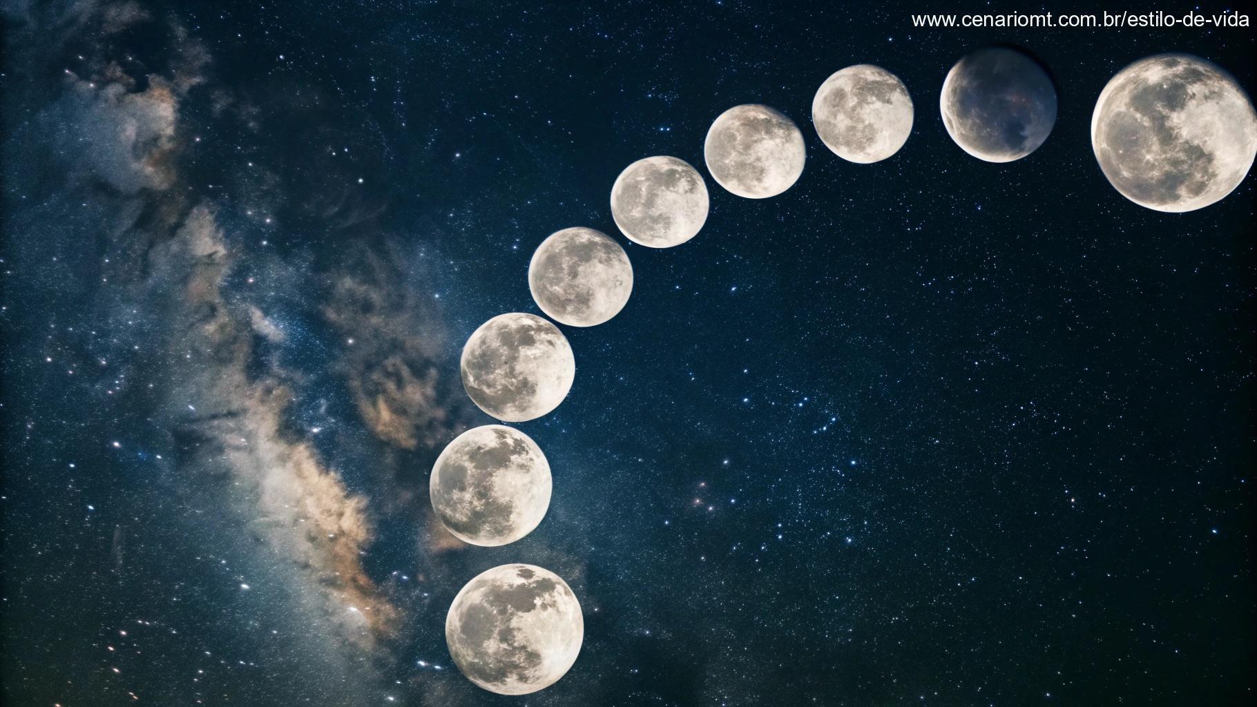 Representação visual do ciclo lunar, exibindo as fases da Lua em um padrão circular contra um fundo cósmico.