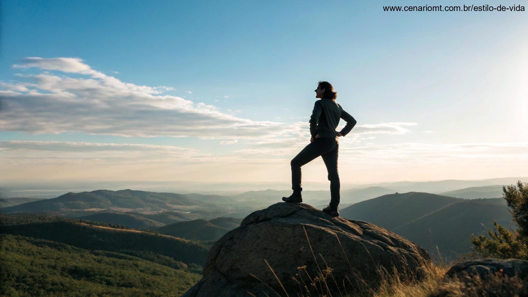 Uma imagem motivacional de uma pessoa em pé no topo de uma montanha, olhando para o horizonte expansivo, simbolizando a crença em si mesmo e o potencial para o crescimento.