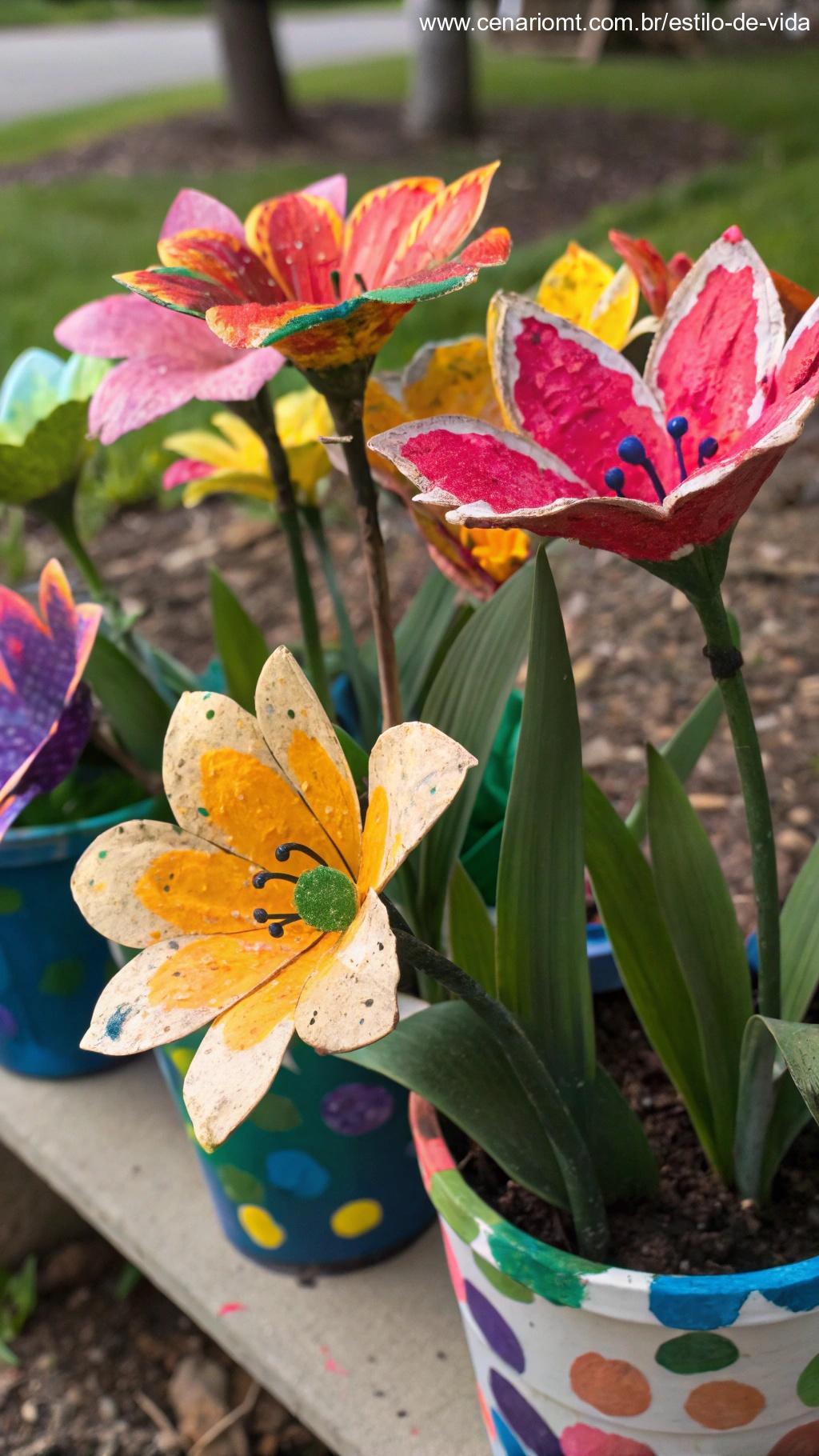 Adicionando cores vibrantes às flores feitas de materiais recicláveis com pintura e marcadores.