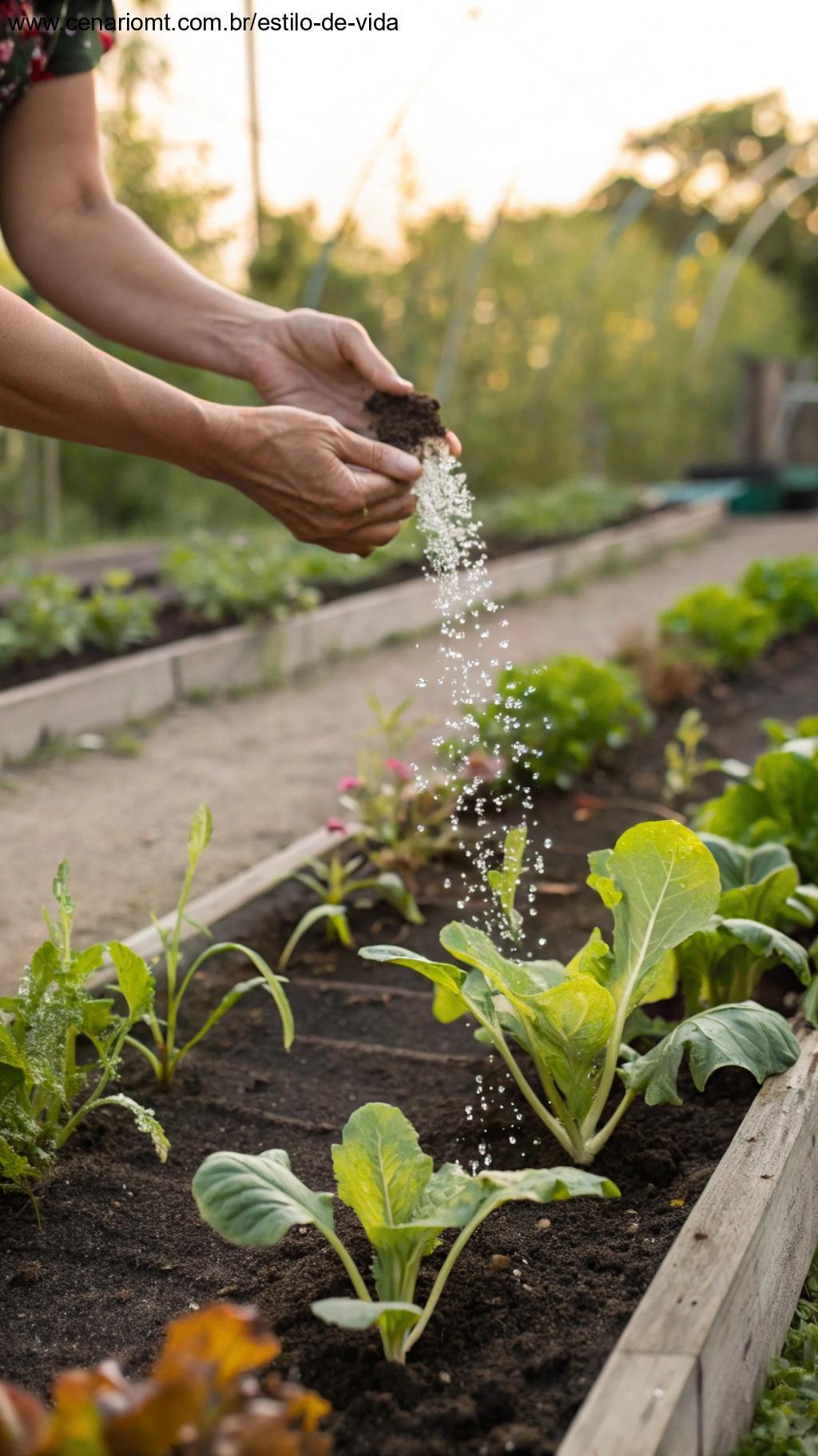 Mãos adubando plantas com fertilizante orgânico.