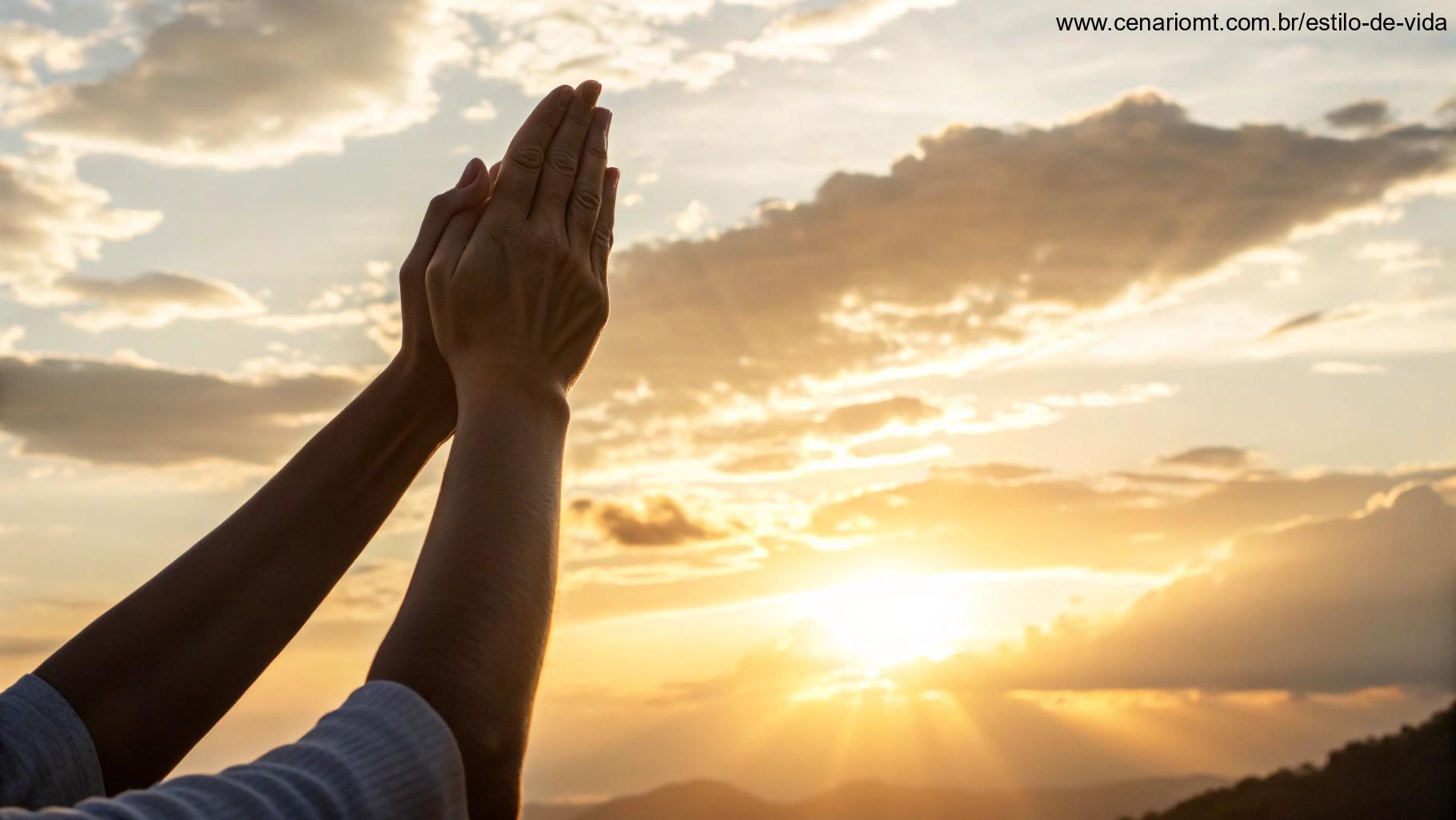 Mãos erguidas em oração contra um céu dourado ao amanhecer, transmitindo gratidão e fé.
