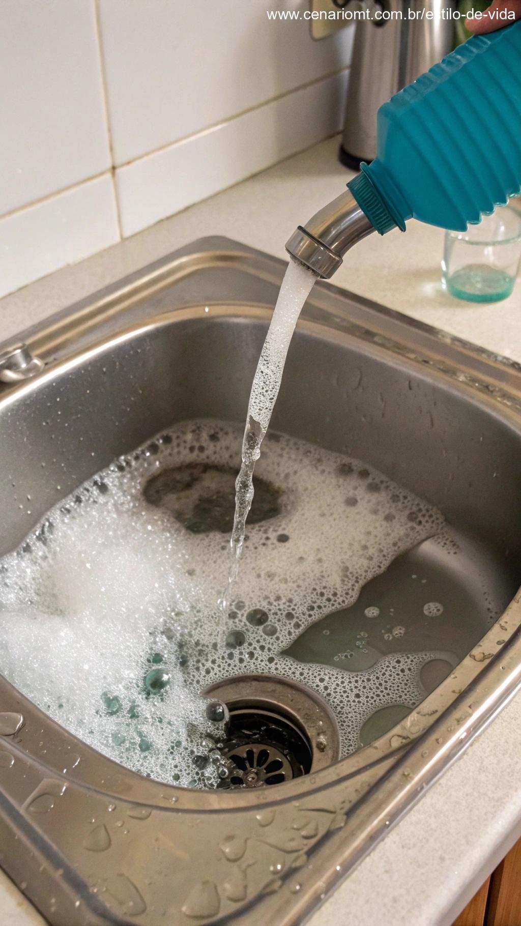 Água quente e detergente sendo usados para limpar o ralo.