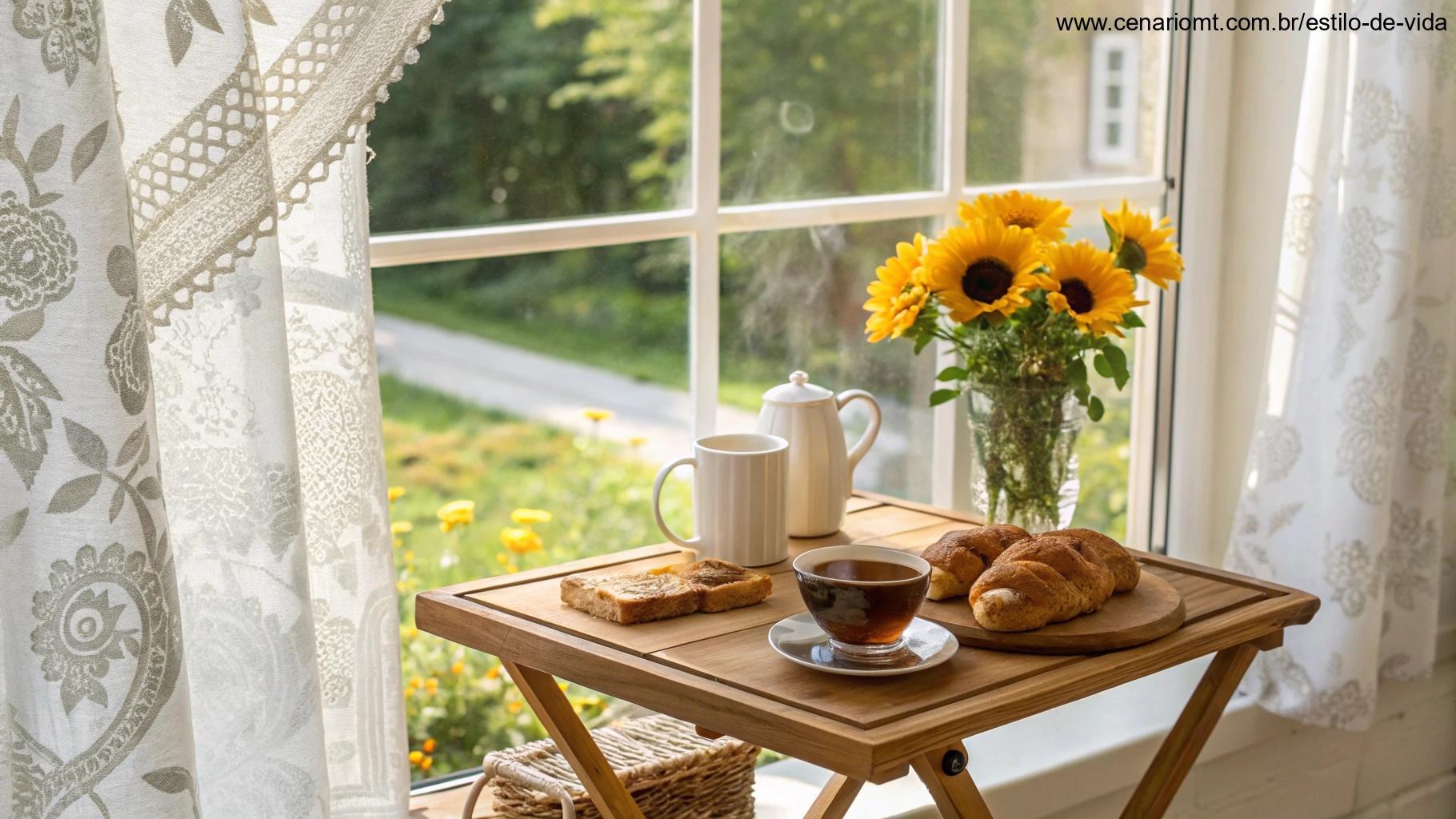 Cena aconchegante com mesa de café da manhã perto de uma janela, girassóis em um vaso e um ambiente iluminado pelo sol.