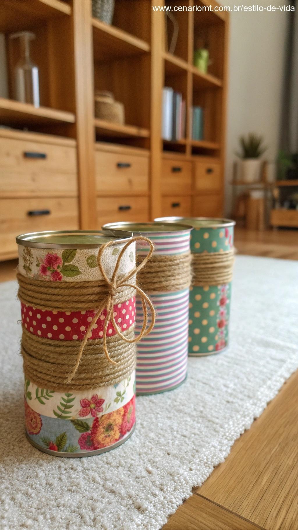 Latas recicladas decoradas com tecido e barbante para um visual rústico.