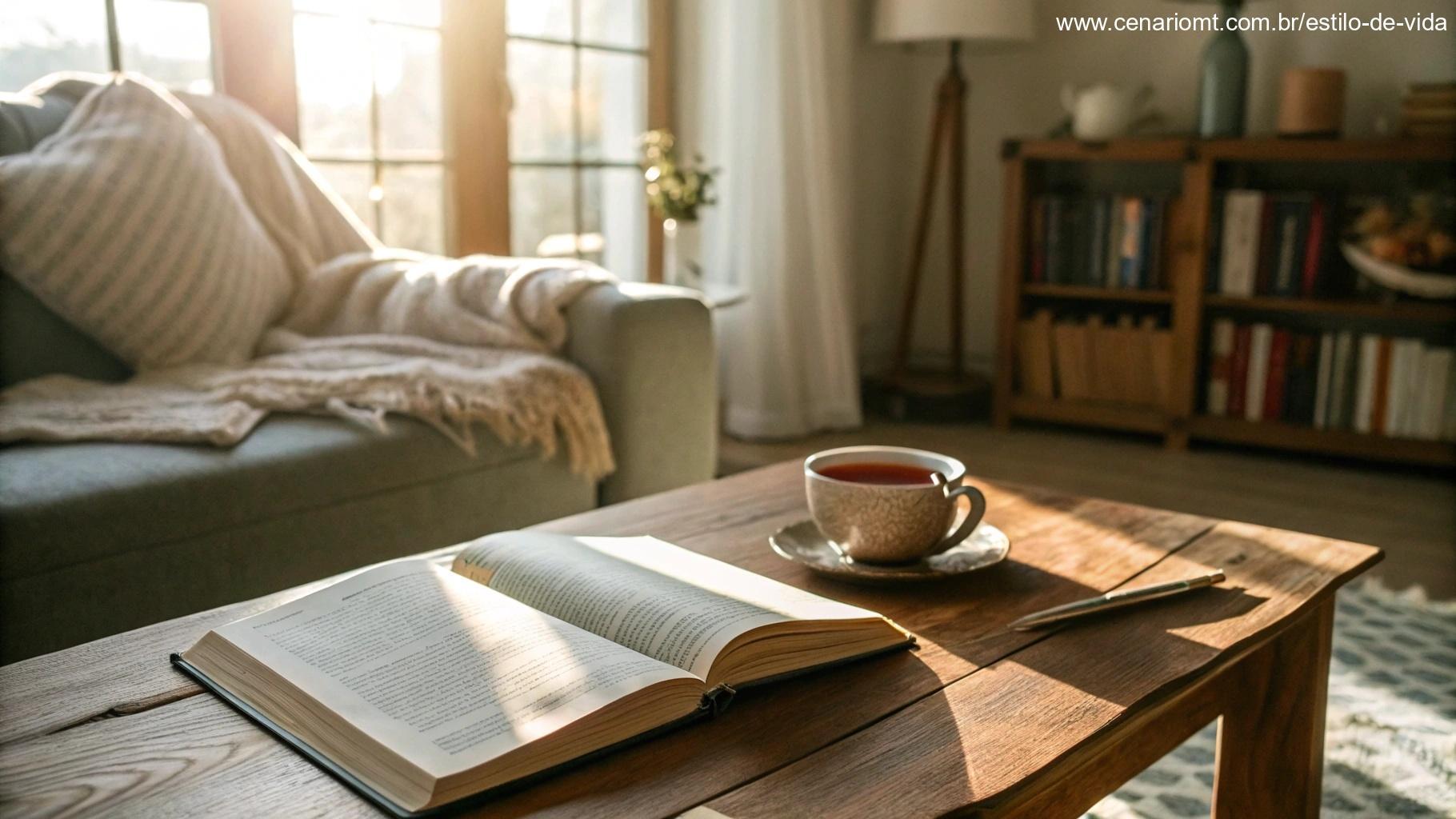 Sala aconchegante com uma Bíblia aberta em uma mesa de madeira, uma xícara de chá e um caderno com uma caneta, iluminada pela luz solar quente de uma janela