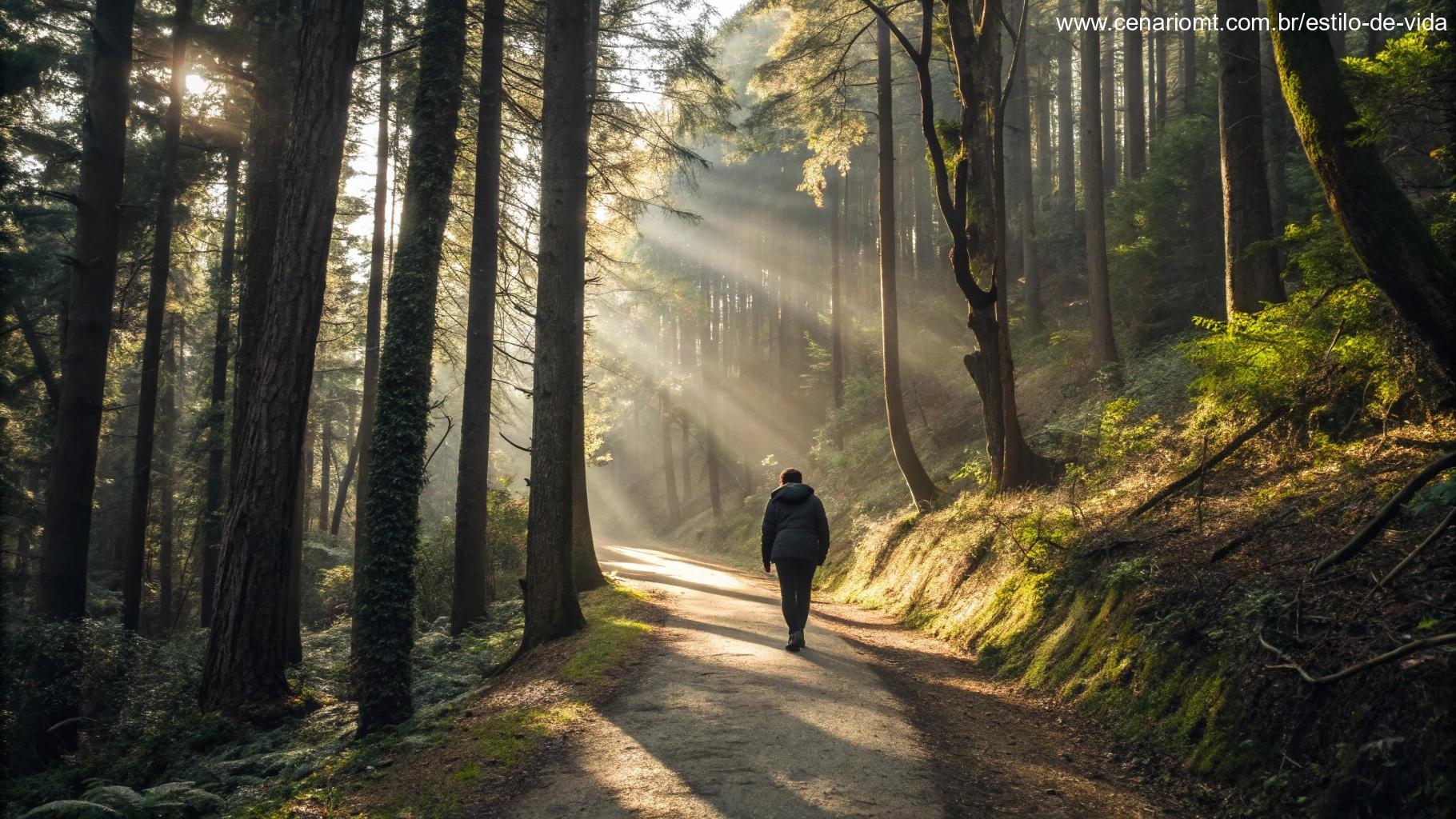 Pessoa caminhando por uma trilha estreita em uma floresta, com a luz do sol atravessando a copa das árvores, simbolizando confiança e orientação na vida diária