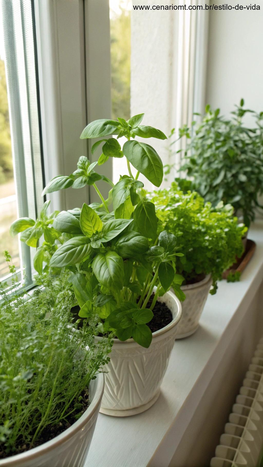 Temperos como manjericão e salsa em janela recebendo luz natural.