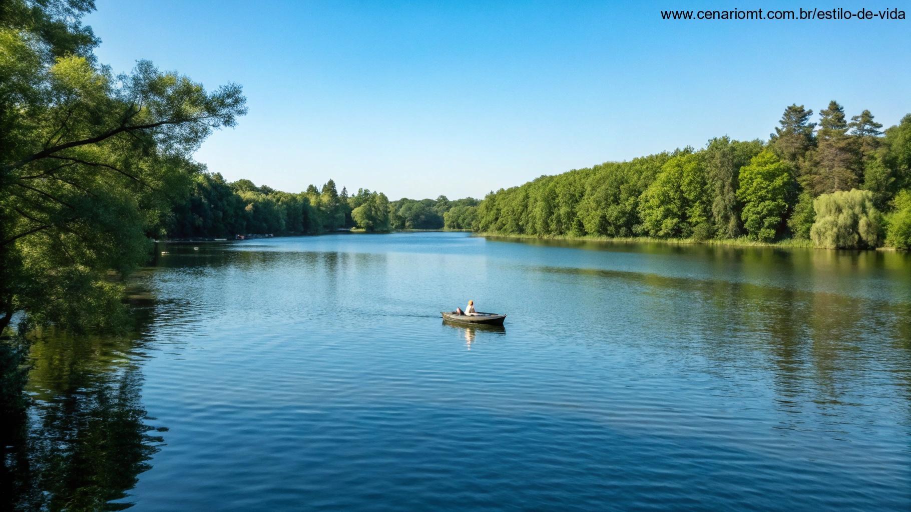 Lago sereno com um pequeno barco flutuando suavemente, rodeado por árvores verdes e céu azul, simbolizando gratidão e tranquilidade para a manhã de sexta-feira.