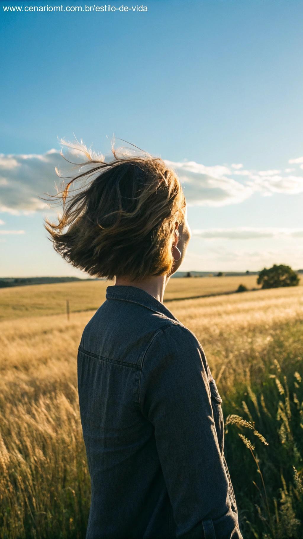 Aumenta a sensação de frescor, uma pessoa com cabelo curto aproveitando um dia ensolarado ao ar livre, de pé em um campo, com cabelo bagunçado pelo vento.