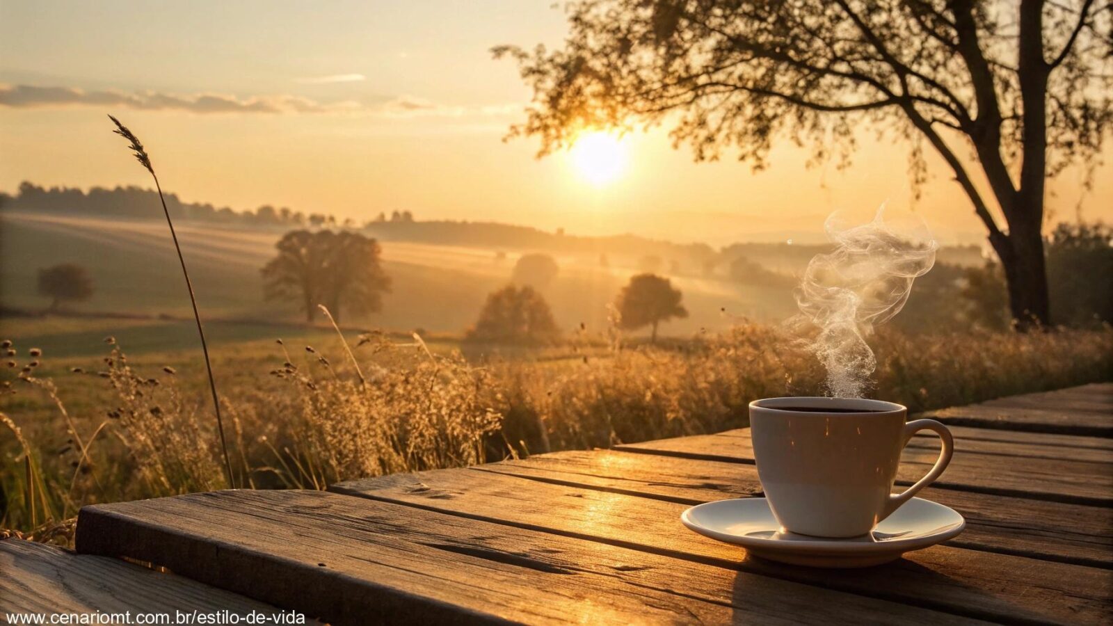 Imagem de um amanhecer dourado no campo com uma xícara de café e mensagem de bom dia para sexta-feira, 28/03/2025.