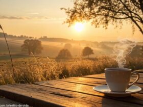 Imagem de um amanhecer dourado no campo com uma xícara de café e mensagem de bom dia para sexta-feira, 28/03/2025.