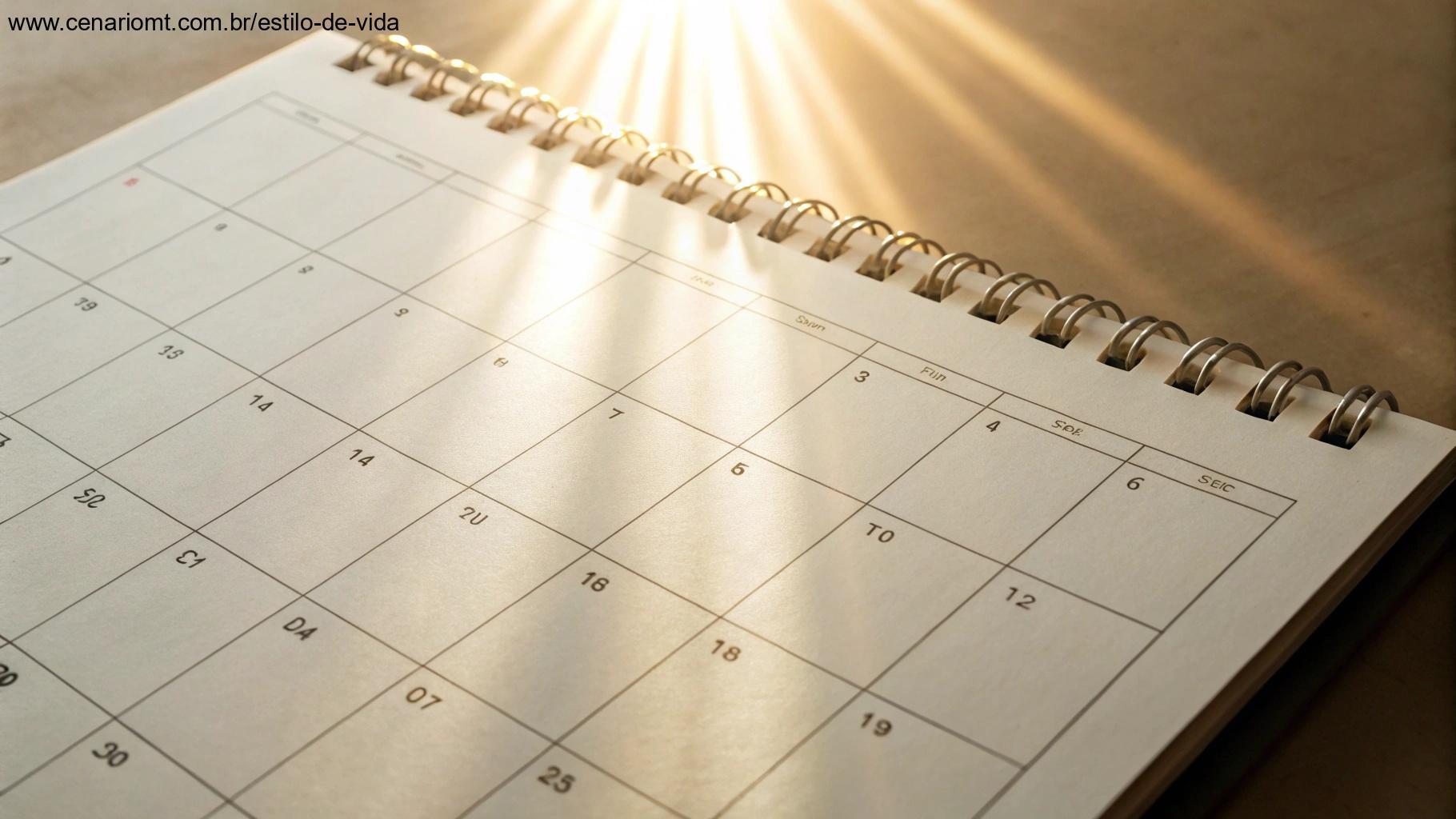 Página de um calendário virando para revelar um novo mês com raios de sol