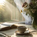 Imagem de uma manhã tranquila com luz suave entrando pela janela e iluminando uma mesa de café da manhã com uma xícara de café, um livro e um vaso de flores.