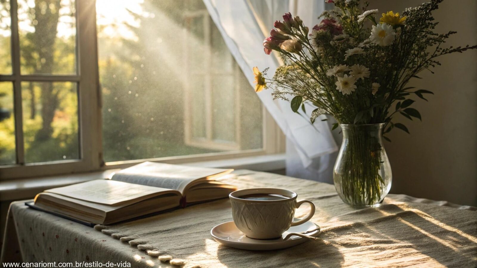 Imagem de uma manhã tranquila com luz suave entrando pela janela e iluminando uma mesa de café da manhã com uma xícara de café, um livro e um vaso de flores.