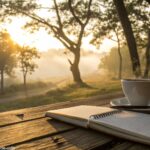 Uma manhã de domingo tranquila com luz dourada filtrando pelas árvores, uma xícara de café sobre uma mesa de madeira e um caderno com uma mensagem inspiradora.
