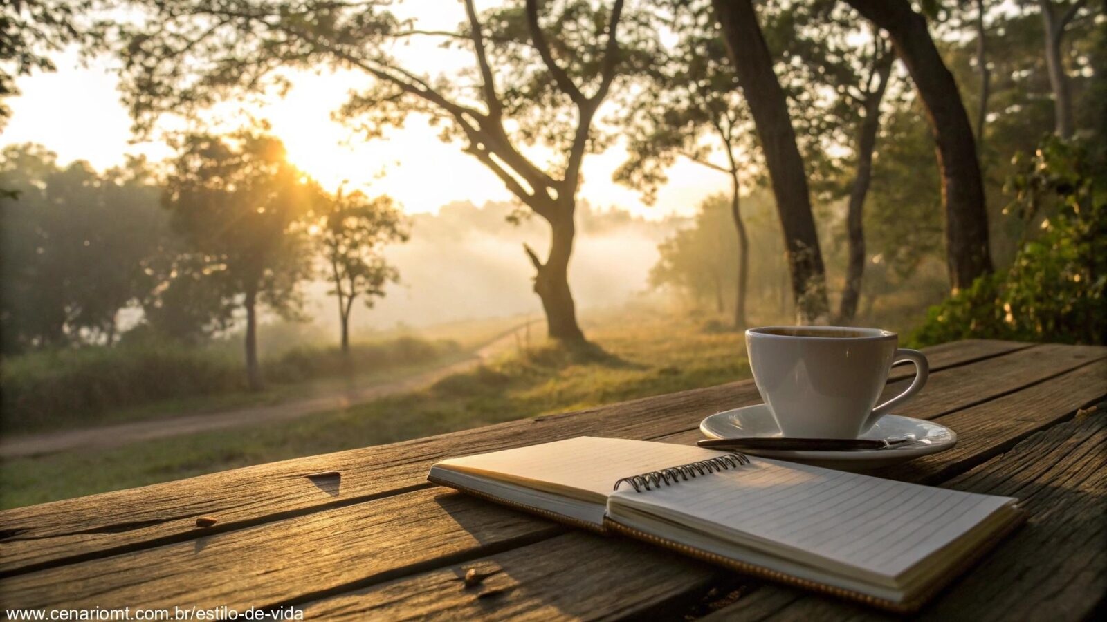 Uma manhã de domingo tranquila com luz dourada filtrando pelas árvores, uma xícara de café sobre uma mesa de madeira e um caderno com uma mensagem inspiradora.
