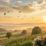 Paisagem ao amanhecer com luz dourada e atmosfera acolhedora, representando uma nova quinta-feira.