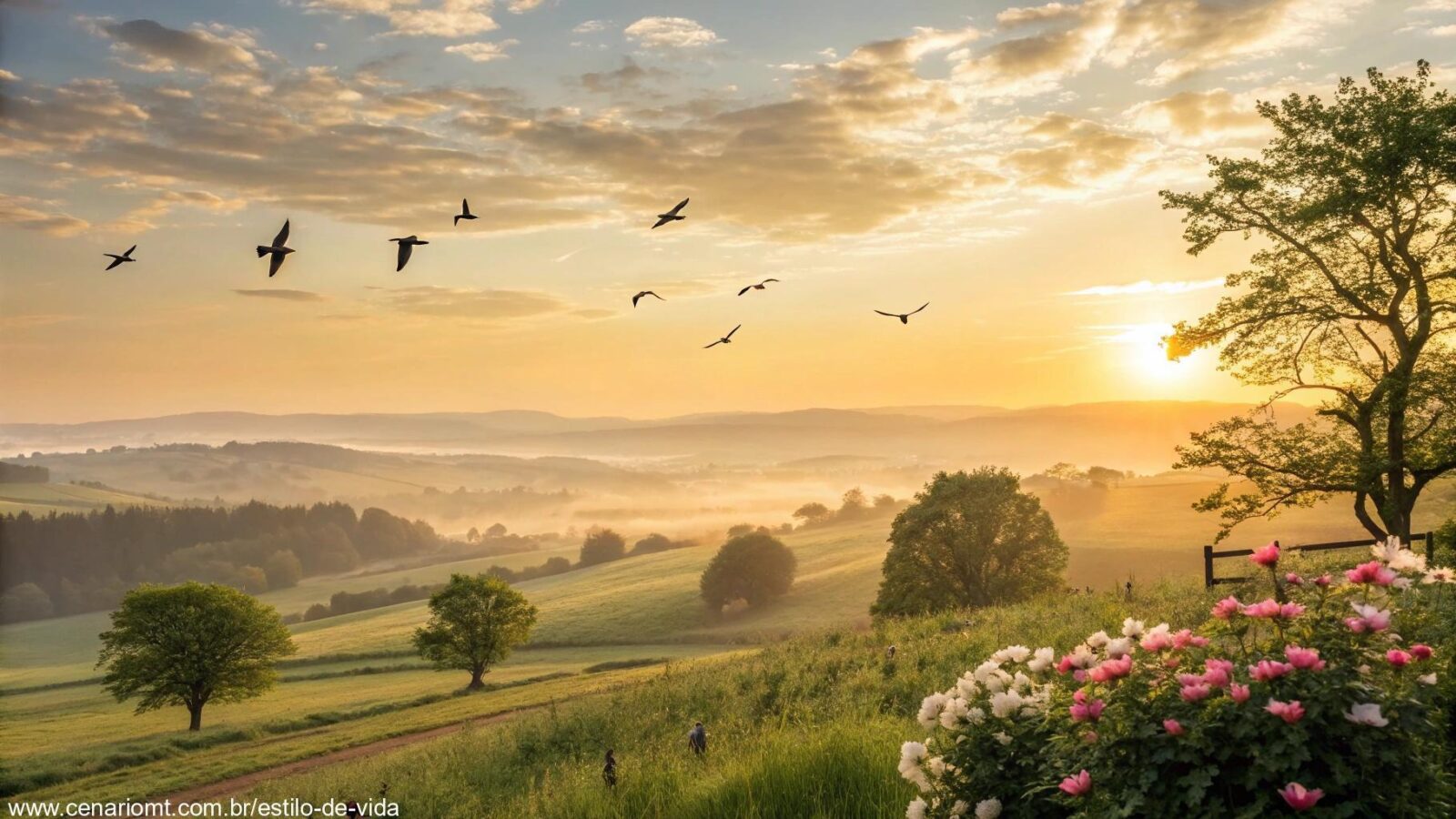Paisagem ao amanhecer com luz dourada e atmosfera acolhedora, representando uma nova quinta-feira.