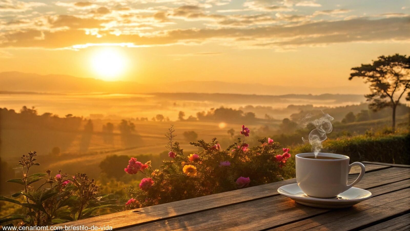 Cena de amanhecer tranquilo com uma xícara de café e flores ao fundo, simbolizando um novo começo.