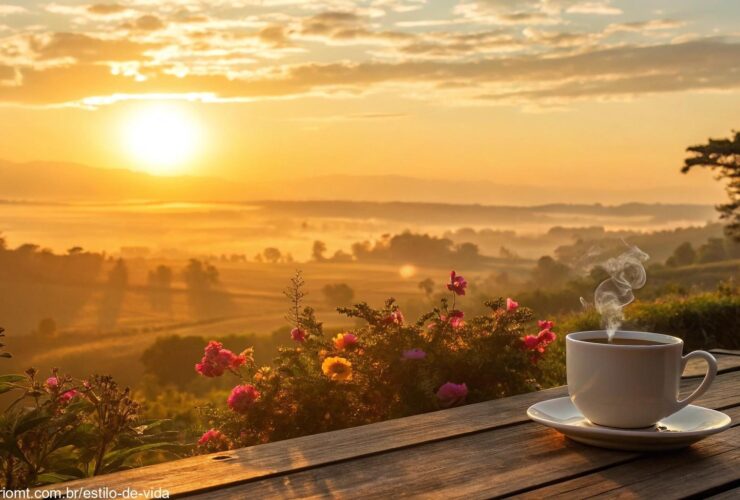 Cena de amanhecer tranquilo com uma xícara de café e flores ao fundo, simbolizando um novo começo.