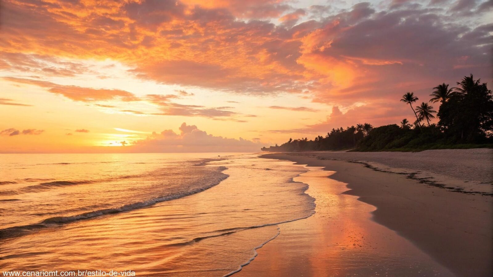 Uma imagem de um amanhecer vibrante sobre uma praia calma, com luz dourada suave refletindo na água, simbolizando um novo começo para o dia.