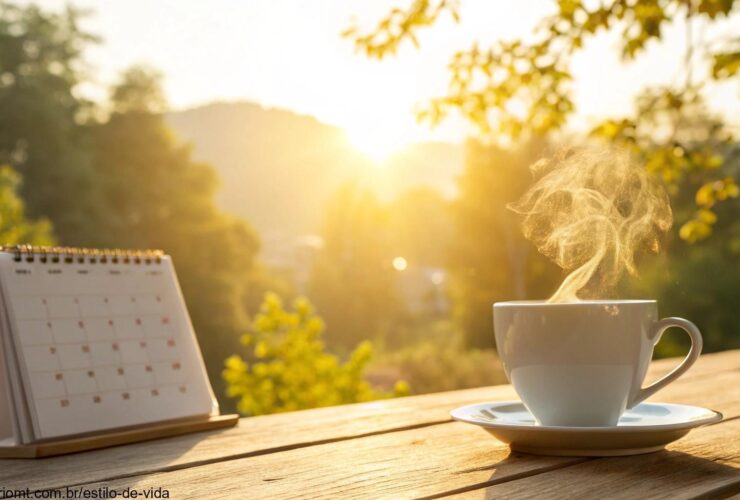 Cenário matinal iluminado pelo sol com uma xícara de café e um calendário marcando sexta-feira, 21 de março de 2025.