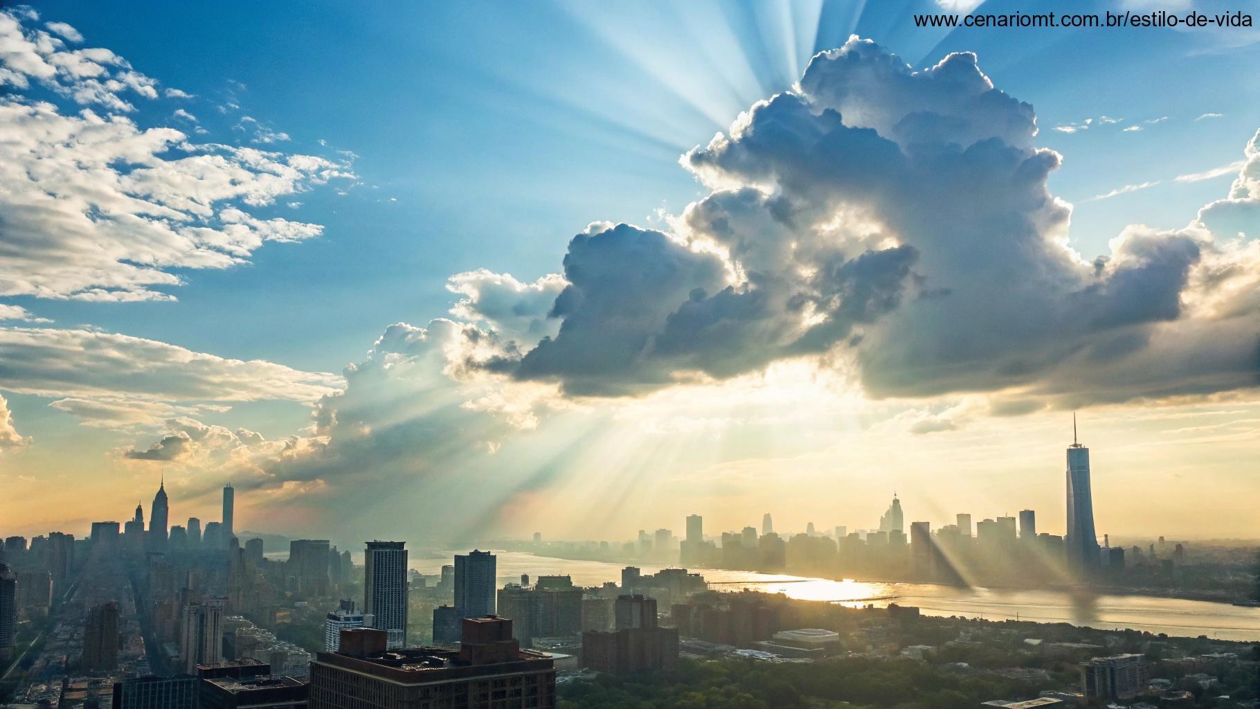 Uma cena energética com luz do sol rompendo as nuvens sobre uma cidade vibrante, simbolizando boas energias e motivação para o restante do dia.