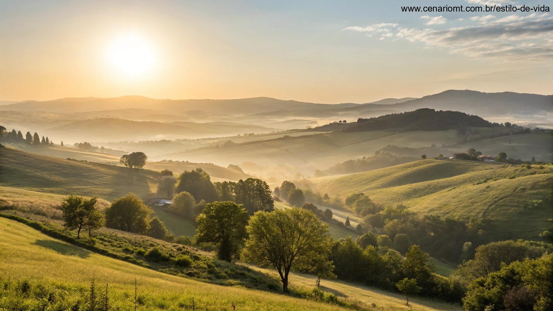 Paisagem tranquila com colinas suaves e um sol brilhante, representando uma manhã de sexta-feira abençoada e pacífica.